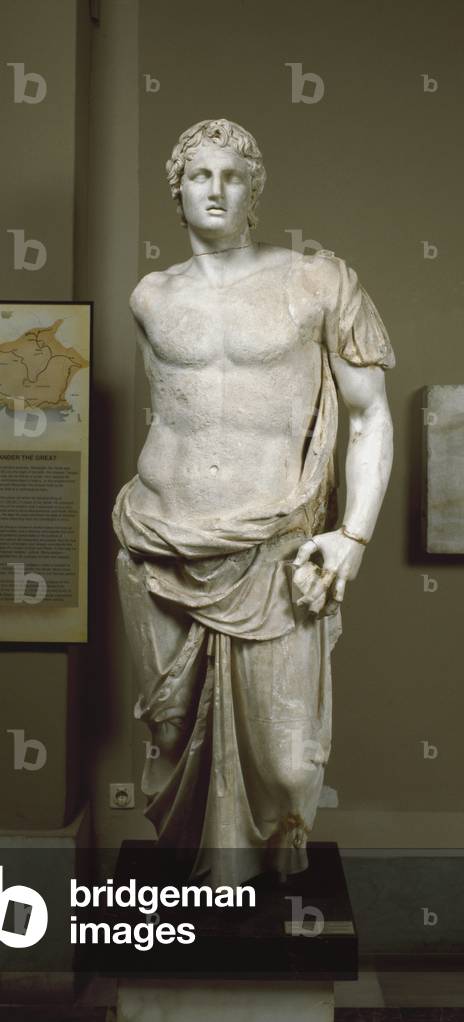 Greek Art: “” the King of Persia Alexander the Great (356-323 BC)”” Marble sculpture from Manisa Magnesia (Turkey). 2nd century BC. Sun 190 cm.istanbul, archeological museum