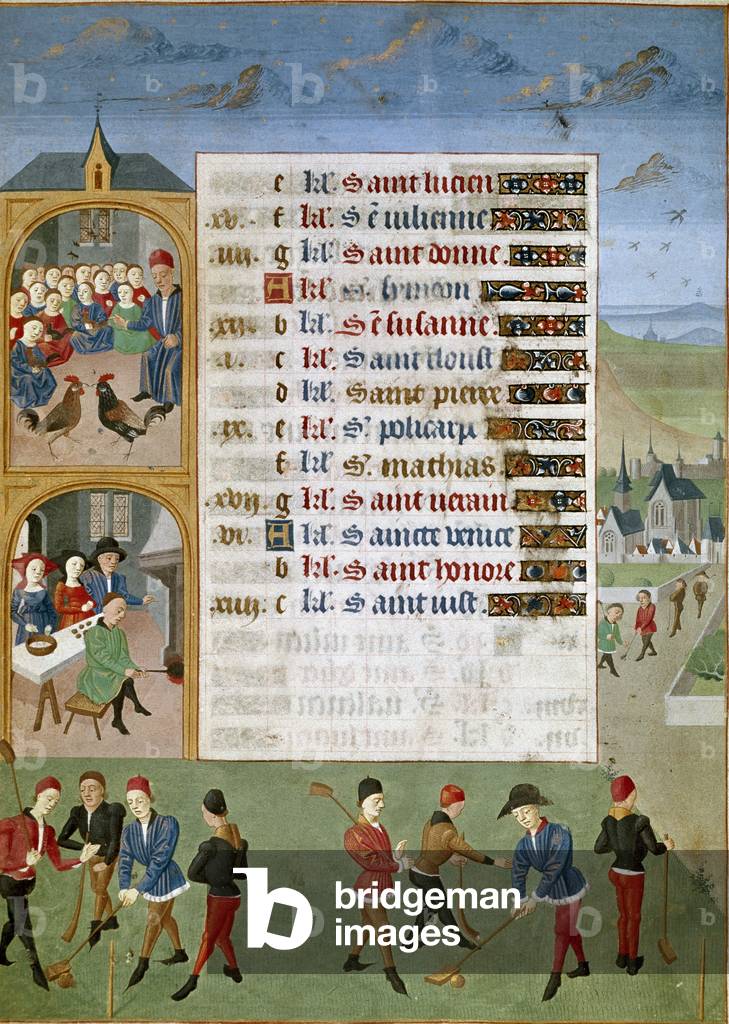 Calendar: February, the different games: a kind of cricket, the rooster fights - Miniature of the Master of Jean Rolin from the manuscript “” Les Hours d'Adelaide de Savoie, Duchess of Burgundy”, 1460-1465 Chantilly, Musee Conde