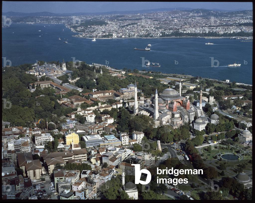 Aerial view of the city, the Asian shore at the bottom, the Basilica of St. Sophia and Topkapi Palace in the foreground. (Photography)