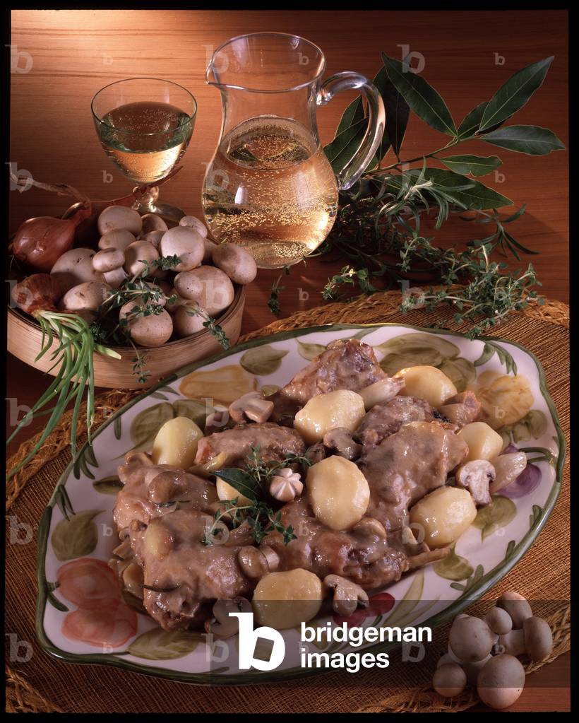 Food still life: rabbit with mushrooms (photography)