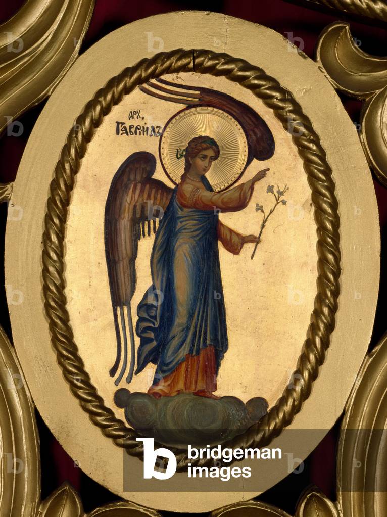 Annunciation The Annunciator Angel Gabriel. Oval painting on anonymous dorus background of the Russian school. Rome, Russicum (Russian College)