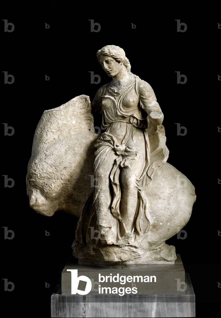 Greek art nereide sitting on a horse. Corner acrotere of the Aseleion