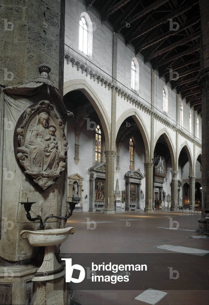 Renaissance: relief in the foreground of Antonio Rossellino (1478) and view of the left nave of the Basilica Santa Croce projected by Arnolfo di Cambio (1245-1302/1310) (nave on the left of the Basilica santa croce) 1294 Basilica Santa Croce, Florence, Italy