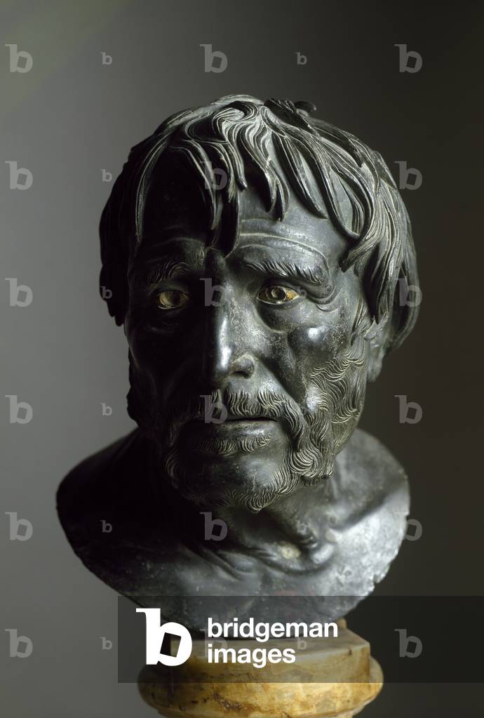 Greek Art: “” Presume portrait of Seneque (Lucius Annaeus Seneca) (4 BC- 65 AD), philosopher of the Stoician school”” Bust of bronze from Ercolano (Herculaneum), Villa dei Papiri. Dim. 33 cm - Museo Archeologico Nazionale, Naples - Bust of Seneca (Lucius Annaeus Seneca) (4 BC- 65 AD) - Bronze sculpture (H. 33 cm), Roman copy after a Greek original, c.200 BC, from the Villa dei Papiri at Herculaneum - Museo Archeologico Nazionale, Naples
