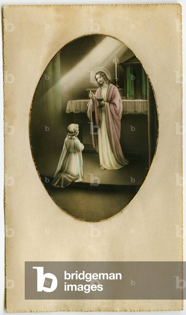 The Eucharist, Holy Communion, the Sacrament of the Altar: a child in front of Jesus (engraving)
