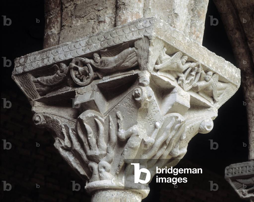 Capital representing the three jews in the fiery furnace (sculpture, 1115-1130)