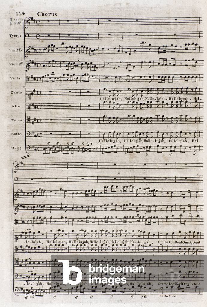 Page of the score of the chorus “” Hallelujah”” in 'The messiah”” (The messiah) by naturalised English German composer George Frederick Handel (Georg Friedrich Handel, 1685-1759) 1767 Bologna, Civico Museo Bibliografico Musicale
