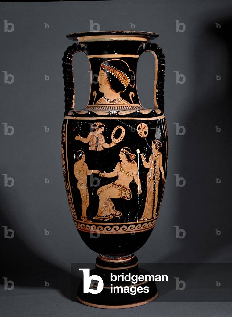 Glockenförmige Nackenamphora mit roten Figuren, die die Geburt von Helen zeigen,