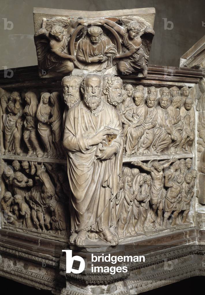 The parapet of the pulpit of Fra Guglielmo da Pisa (ca. 1235-1310/11) representing scenes from the New Testament, prophetes and symbols of the evangelists, detail - (detail of pulpit representing prophets, evangelists and scenes of the new testament) 1270 Pistoia, Church of San Giovanni Fuorcivitas Italy