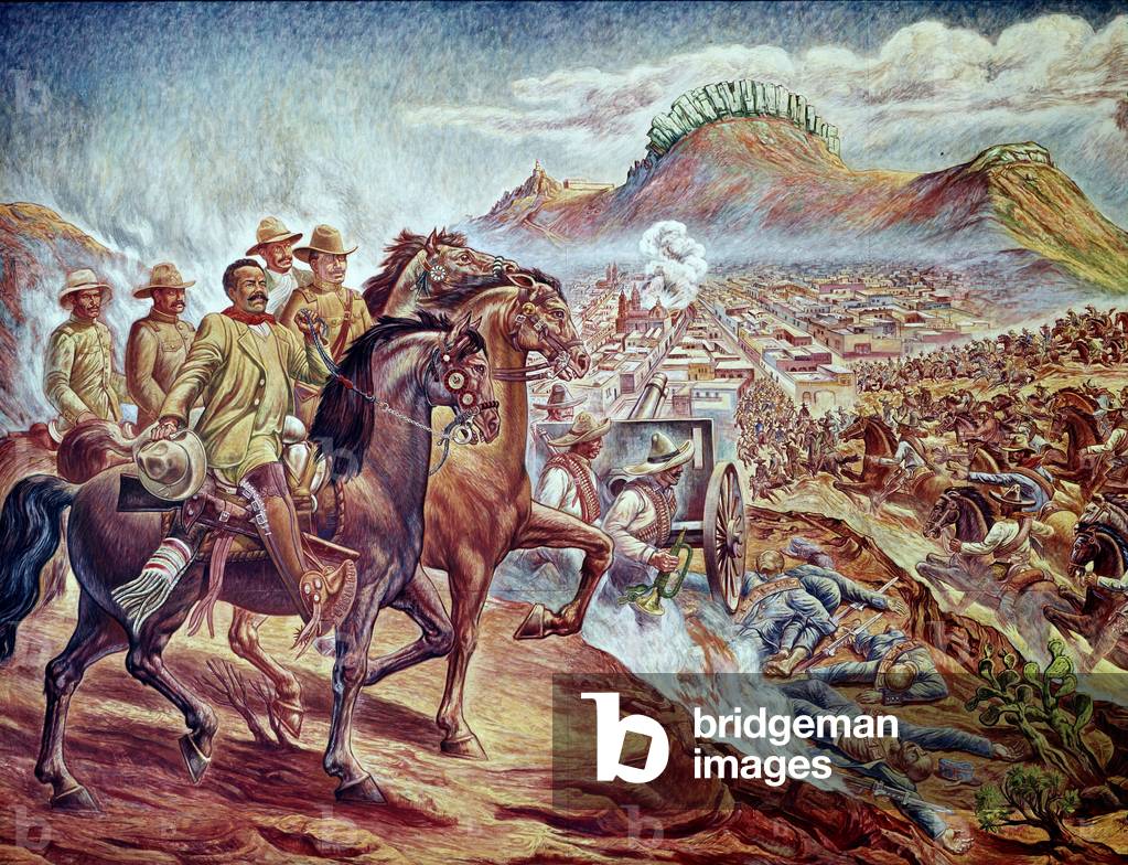 Mexican Revolution: “” Battle of Zacatecas in 1914”” (Taking of Zacatecas) In the foreground the Mexican revolutionary Pancho Villa (1878-1923) - fresco by Angel Bolivar (20th century) National Historical Museum, Chateau Chapultepec, Mexico