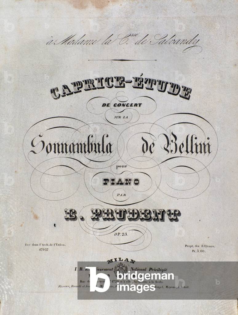 Page of the sheet music for a Caprice-study for piano by Emile Prudent based on La sonnambula by Vincenzo Bellini
