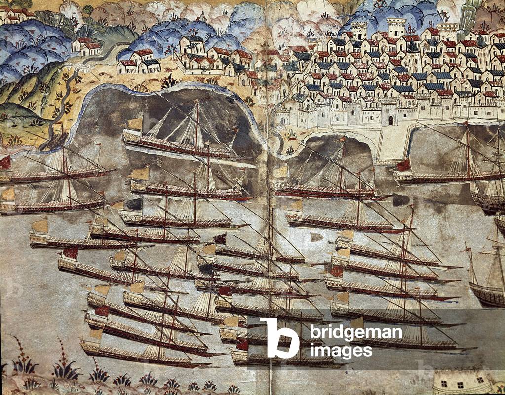 The fleet of Hayreddin Barbarossa, privateer, facing the city of Nice. 1558 (miniature)
