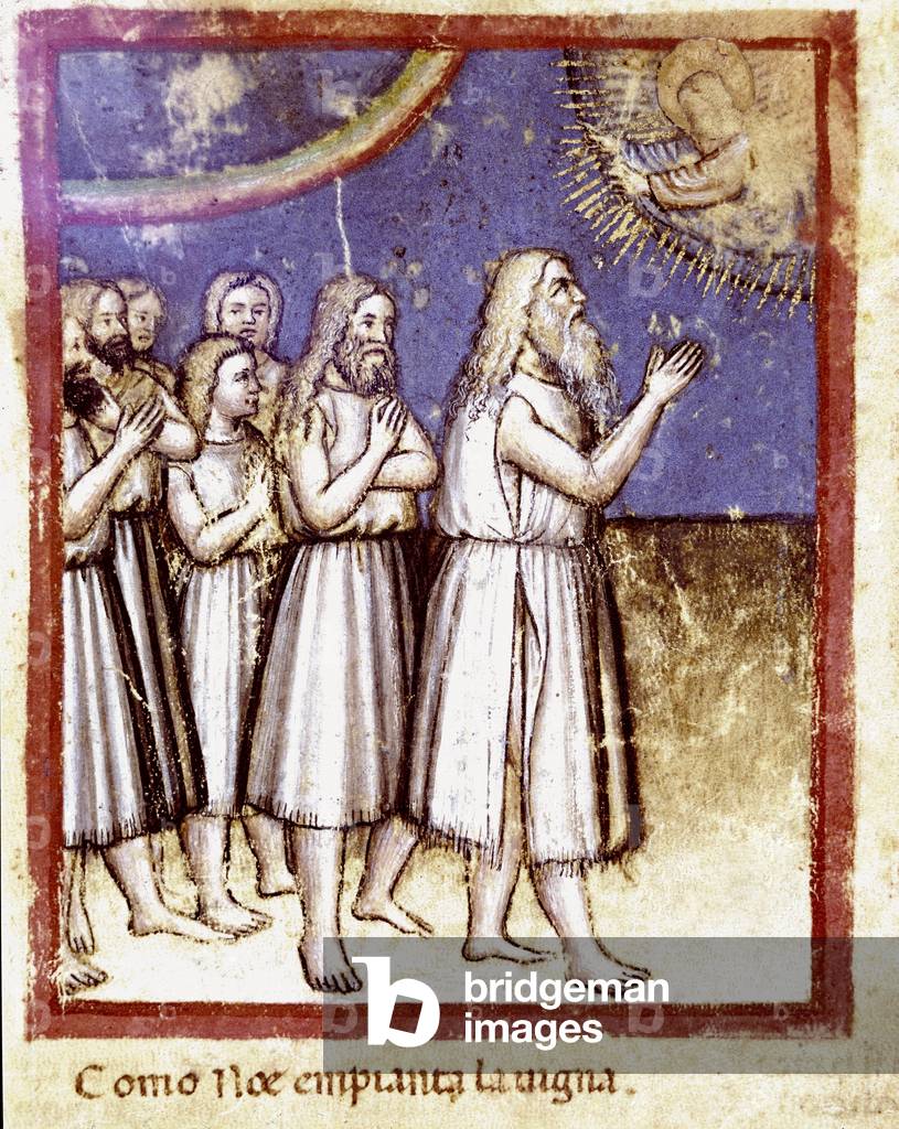 Dio benedisse Noe e la sua famiglia sopravvissuti alla miniatura del diluvio dal codice 212 (o padovano codice