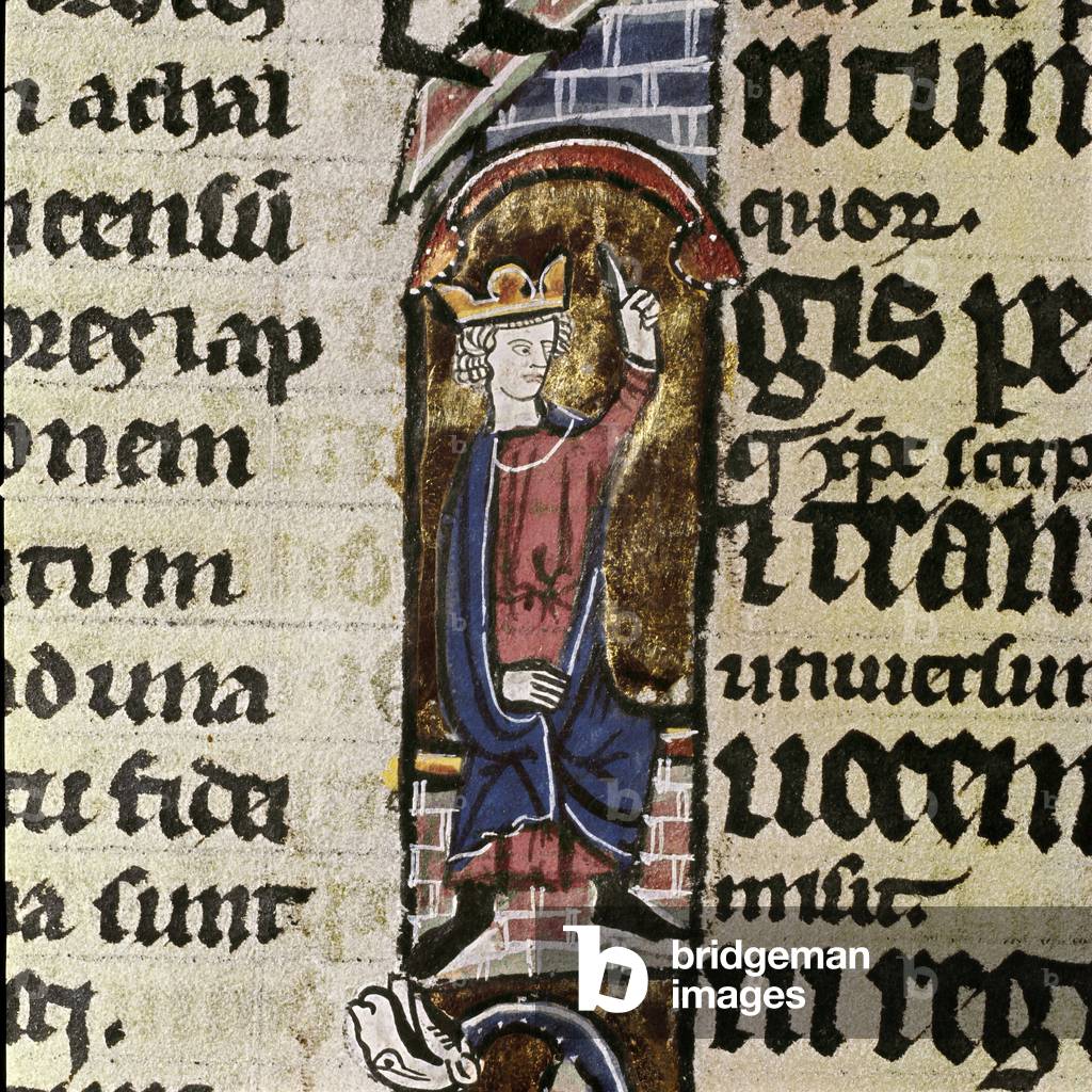 A king assistant to the reconstruction of the temple of Jerusalem Detail of a manuscript page of the Bible of Saint Ludovic. 14th century Biblioteca Comunale Assises, Italy