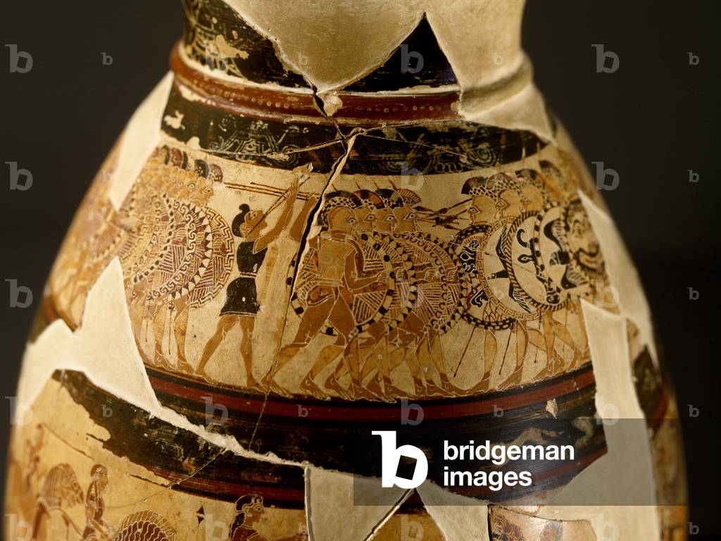 Olpe Chigi: dettaglio che rappresenta un combattimento di hoplite,, 640-630 aC (argilla policroma)