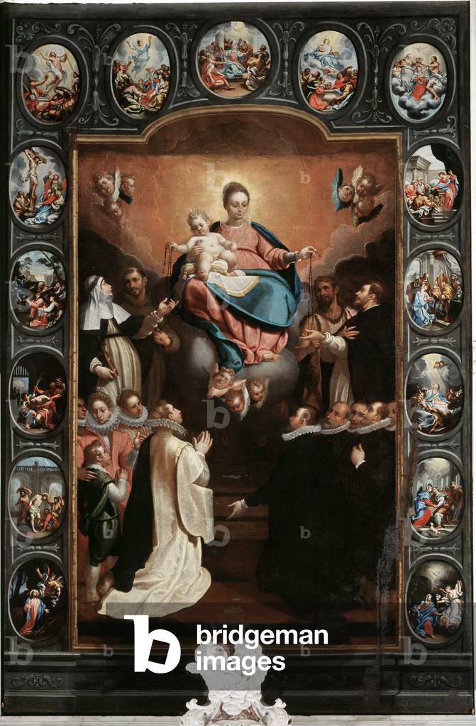 Madonna con bambino e misteri del rosario - Pittura di Bernardo Castello (1557-1629) (al centro) e Paolo Gerol