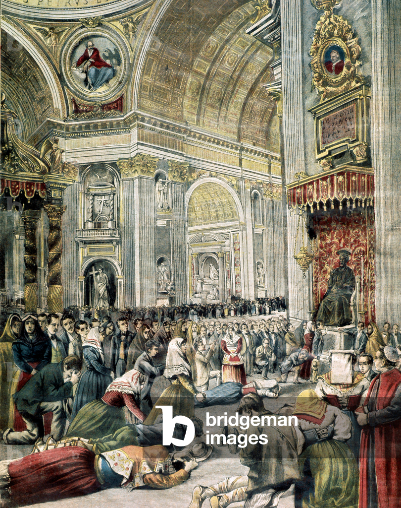 Pelerinage to honor St. Peter at the Basilica of St. Peter of Rome in 1875 (engraving)