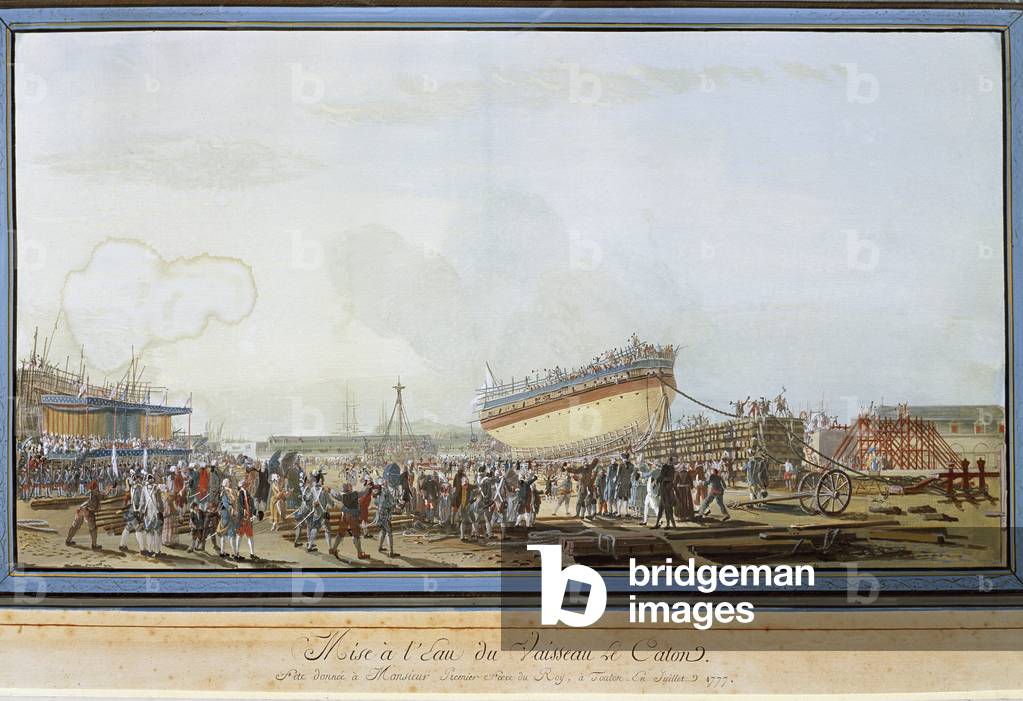 The launch of the ship Le Caton in the harbour of Toulon in the presence of the Count of Provence in July 1777 (Gouache, 18th century)