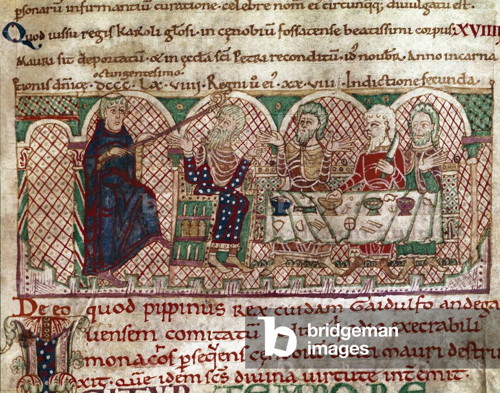Saint Maur (512-584) founder of the monastery of Flanfeuil (Saint Maur) in Anjou is received at the table of Gaidulfe of Ravenna, persecutor of the monks and punishes him Miniature from Life and Miracles of Saint Maur”” (ms 2273) 1100-1140 Municipal Library of Troyes
