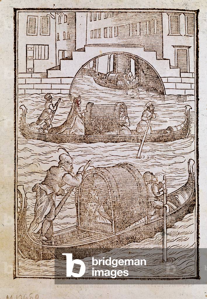 Gondolas in the lagoon of Venice in the 15th century Engraving from “” Degli abiti antichi e moderni”” by Cesare Vecellio (1521-1601) 1590 Venice Biblioteca Marciana