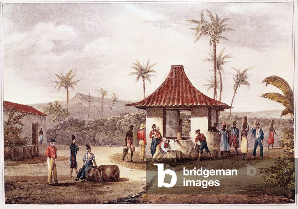 Daily life in Cape Verde. Residents of a village crossing at the fountain, 19th century (lithography)