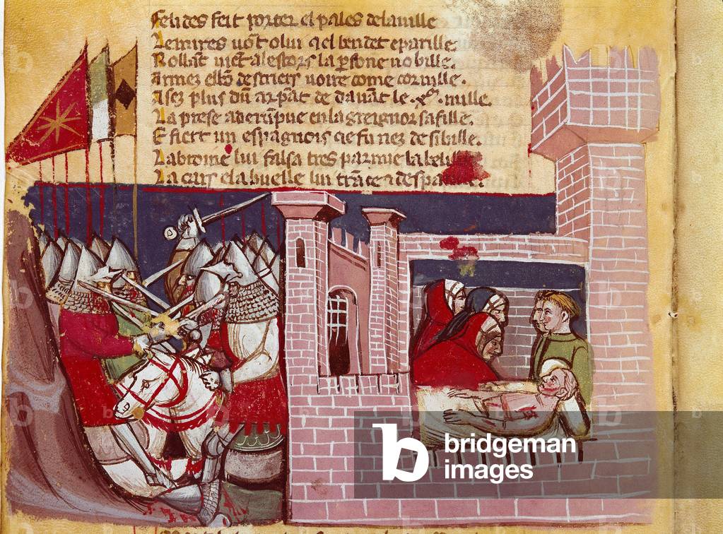 Scene of the Battle of Roncesvaux in 778. Battle between the army of Charlemagne and the Saracens where the knight Roland was killed. He's a representative on the right. Miniature from the codex “The Entrée d'Espagne”” (Ms.Franc.21) 14th century Venice, Biblioteca Marciana