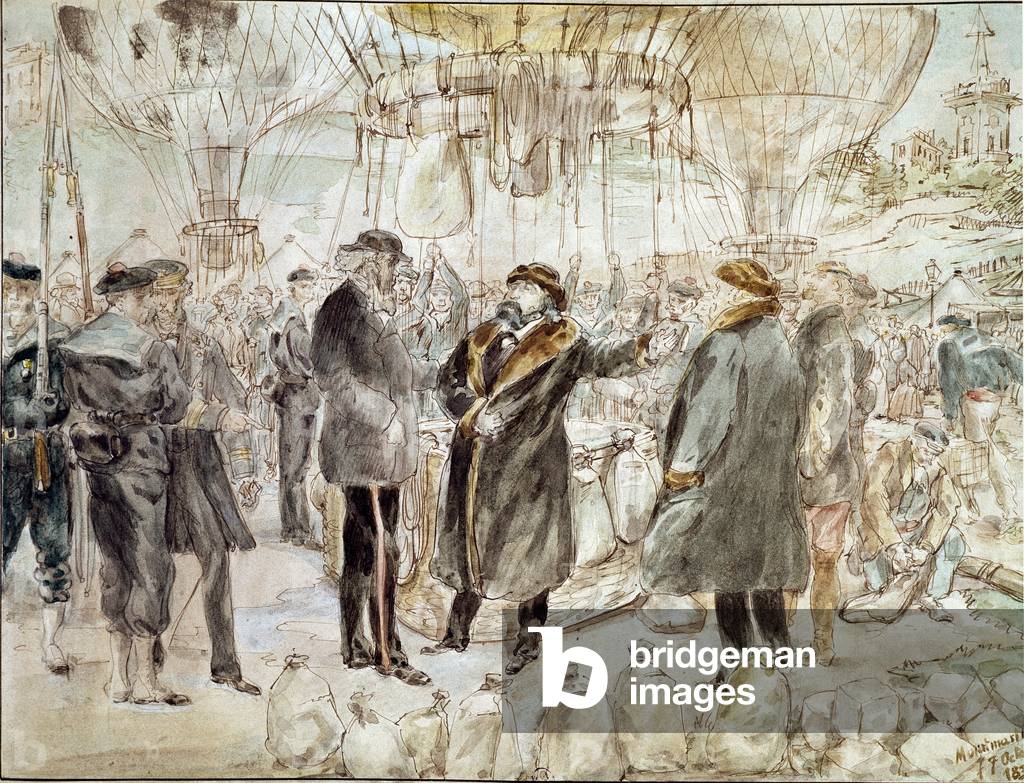 War of 1870: Leon Gambetta leaves Paris siege in a balloon (painting, 1870)