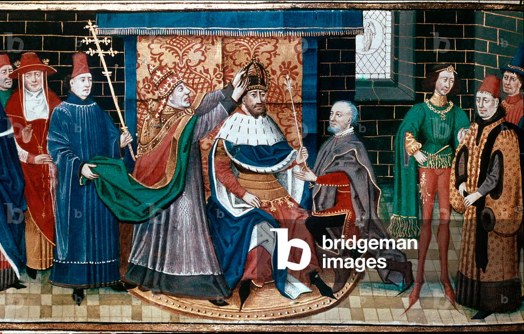 Charlemagne (742-814) crowned by Pope Leo III (c750-816) at St Peter's basilica in Rome on 25th December 80 - “” Coronation of Charlemagne (742-814) (Charles I called Charles the Great 742-814) in 800 by Pope Leon III in the Cathedral of St. Peter of Rome”” Miniature from the “Chronicles of Emperors” by David Aubert, 1462. Paris, Library of the Arsenal