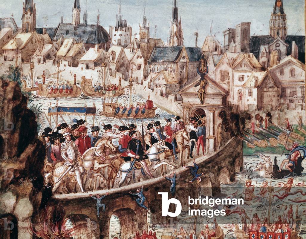 Nautical shows organized by the city of Rouen on the occasion of the royal entrance of King Henry II (1519-1559) and Catherine de Medicis (Caterina de Medici) (1519-1589) on 1/10/1550 Horsemen crossing the Seine on the bridge Saint Ouen (St Ouen bridge in Rouen, from account of the entry of Henry II (1519-1559) King of France, into Rouen on October 1 1550) Detail Miniature of the French School of the 16th century Rouen, Municipal Library
