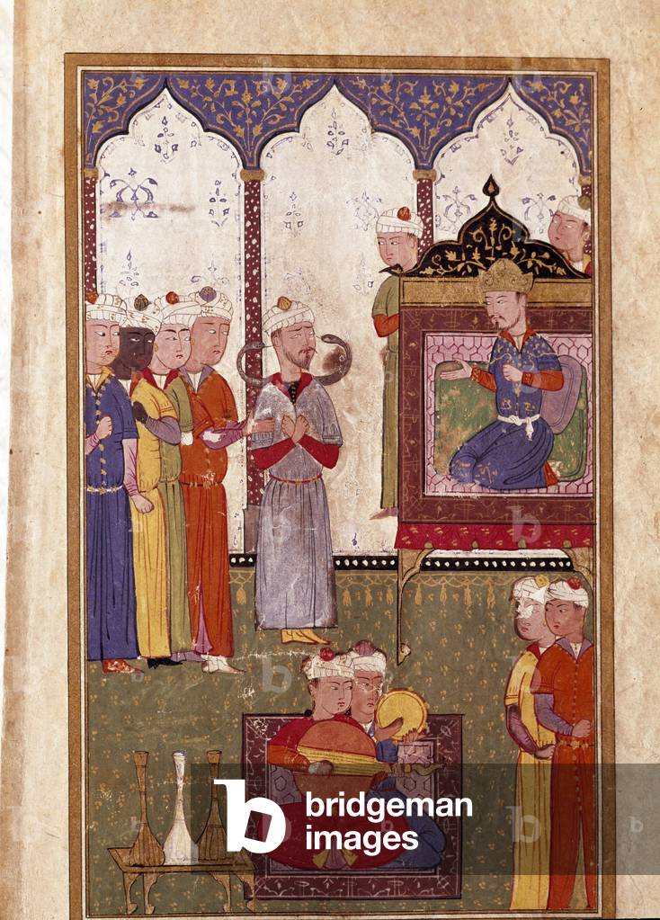 "Festa organizzata dal Sultano con incantatore di serpenti e musicisti in miniatura da un manoscritto del XVI 
