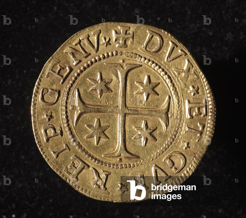 Currency of the Republic of Genes: five gold doppie coin. Diam. 41 mm. 1652. Front. Genes Musei di Strada Nuova (inv. 6454)