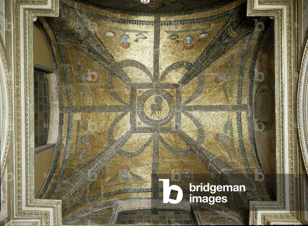 Mosaics of the 5th century, in the center the lamb. Vault of the chapel of St. John the Evangelist inside the Paleochretian baptistere of San Giovanni in Laterano (St. John Laterano) (battistero lateranense o san Giovanni in Fonte), built around 440. Rome