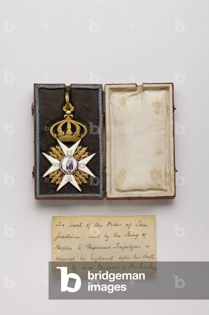 Duche of Saxony-Coburg-Saalfeld (Saxony Cobourg Saalfeld) - Order of St. Joachim: badge of great commander offered to Horatio, Viscount Nelson, Duke of Bronte, Vice Admiral (1758-1805) by Ferdinand I of the Two Sicilies (Two Sicilies) (or Ferdinand IV King of Naples) (1751-1825) Italian - beginning of the 19th century - Gold and enamels; original case in red and silk maroquin - H 7,8 cm; W 5 cm; Weight: 40 g - Private collection
