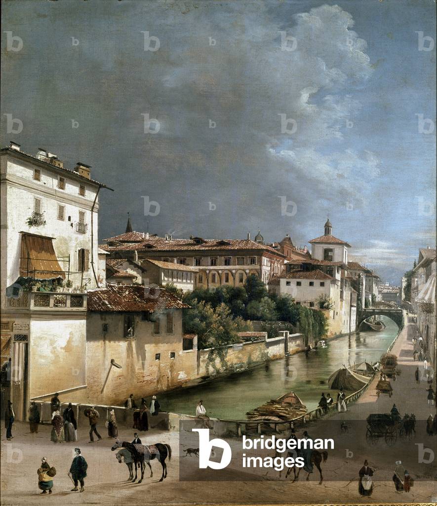 View of the canal between porta romana bridge and hospital bridge in Milan (oil on wood, 1840)