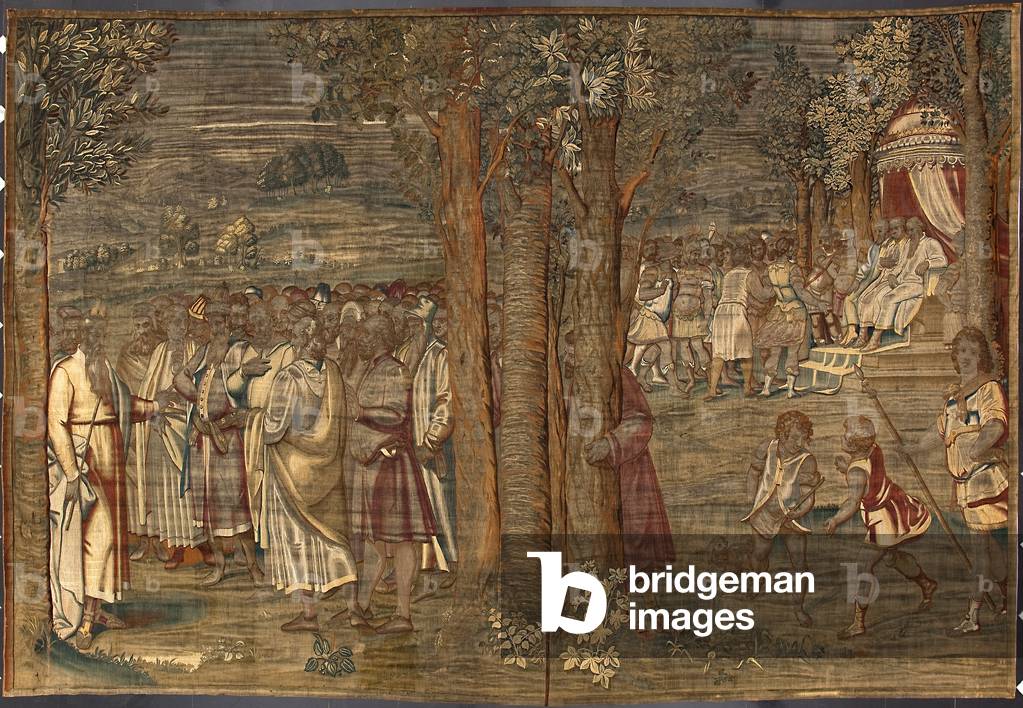 Moise establishing the Justice Tapestry by Dionys Martensz after the cartons of Luca Cambiaso (1527-1584) and made in the manufactures of Brussels 1561-1564 Dim. 392,5x220,5 cm Genes, Musei di Strada Nuova
