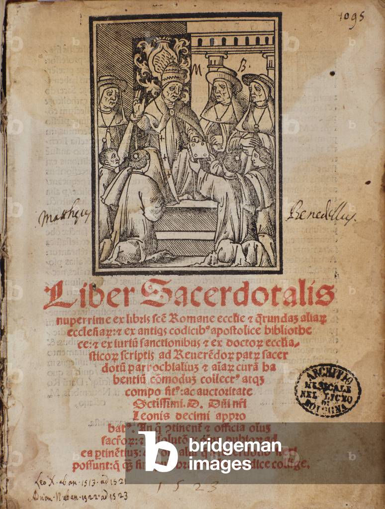 "Papa Leon X riceve il libro Frontispice della liturgia «Liber Sacerdotalis»» di Castellini" di Unknown Artist