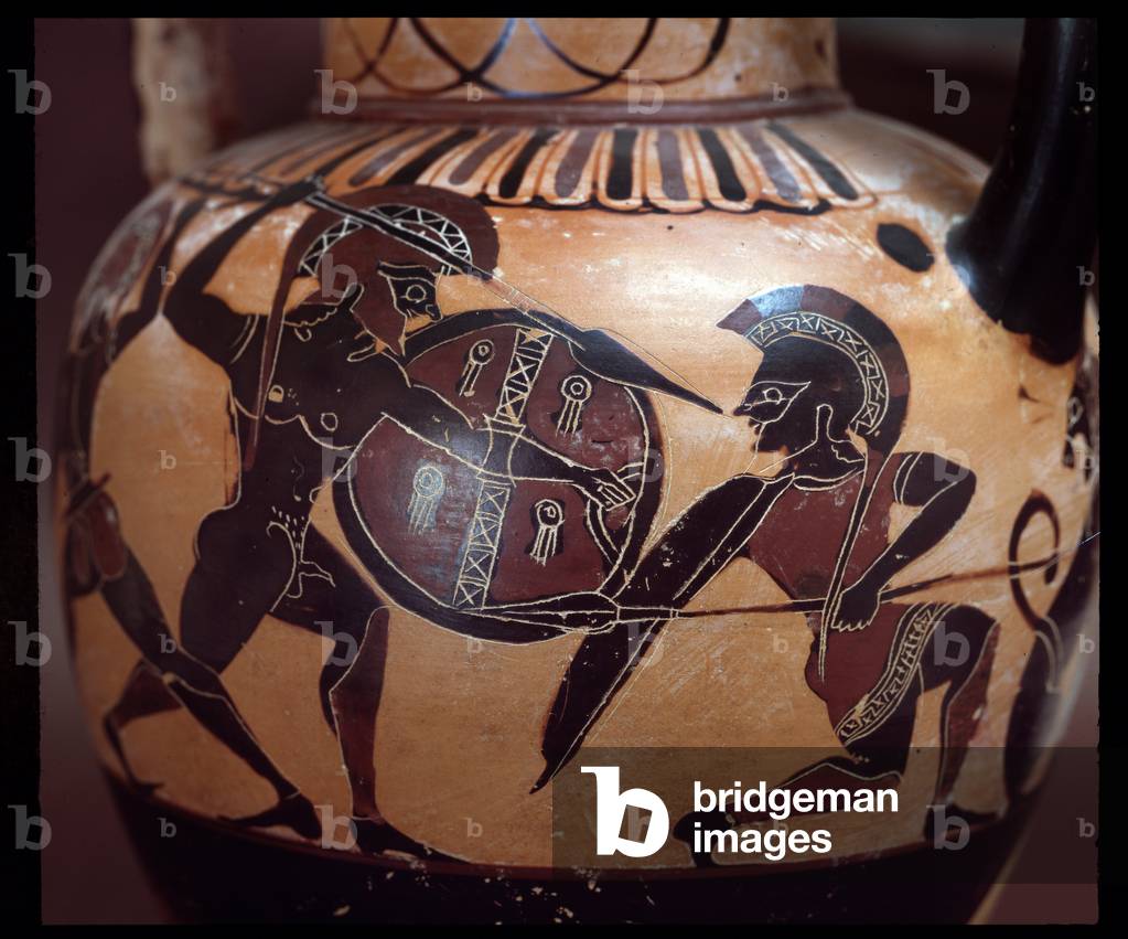 Terracotta amphora with representation of a duel between two soldiers,  520-500 BC