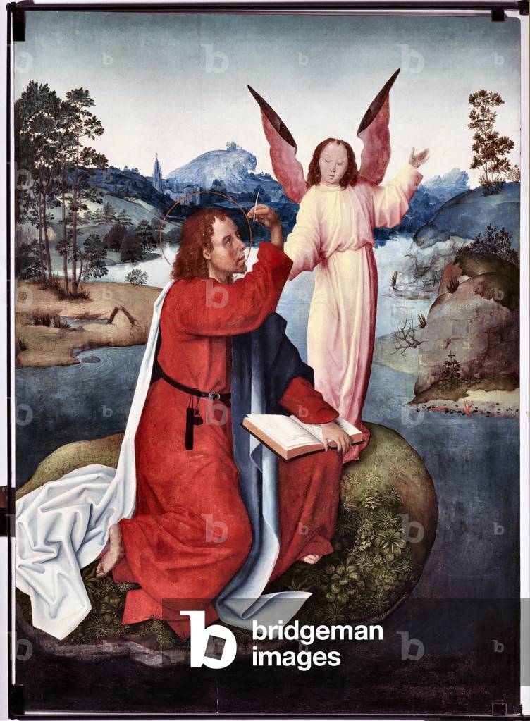 Episode of the life of Saint John Evangelist: “” Saint John a Patmos”” (Life of St John evangelist, St John in Patmos) Painting by the master of San Giovanni evangelista (Saint John Evangelist) (end of 15th century) Dim 120x90 cm Genes, Musei di Strada Nuova (ex Palazzo Bianco)