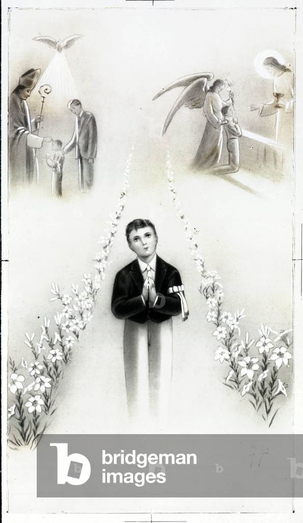 Catholic education of a little boy, communion and profession of faith. (print)