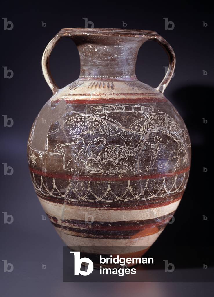 Amphora representing three panthers and a human with raised arm, terracotta, 630-600 BC