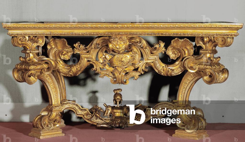 Wall table with albatre top made by a Genois artist (18th century) carved in gilded wood, 1725-1730 (Wall table with alabaster tabletop) Dim 95x176x88 cm Genes, Musei di Strada Nuova (ex Palazzo Rosso) Italy