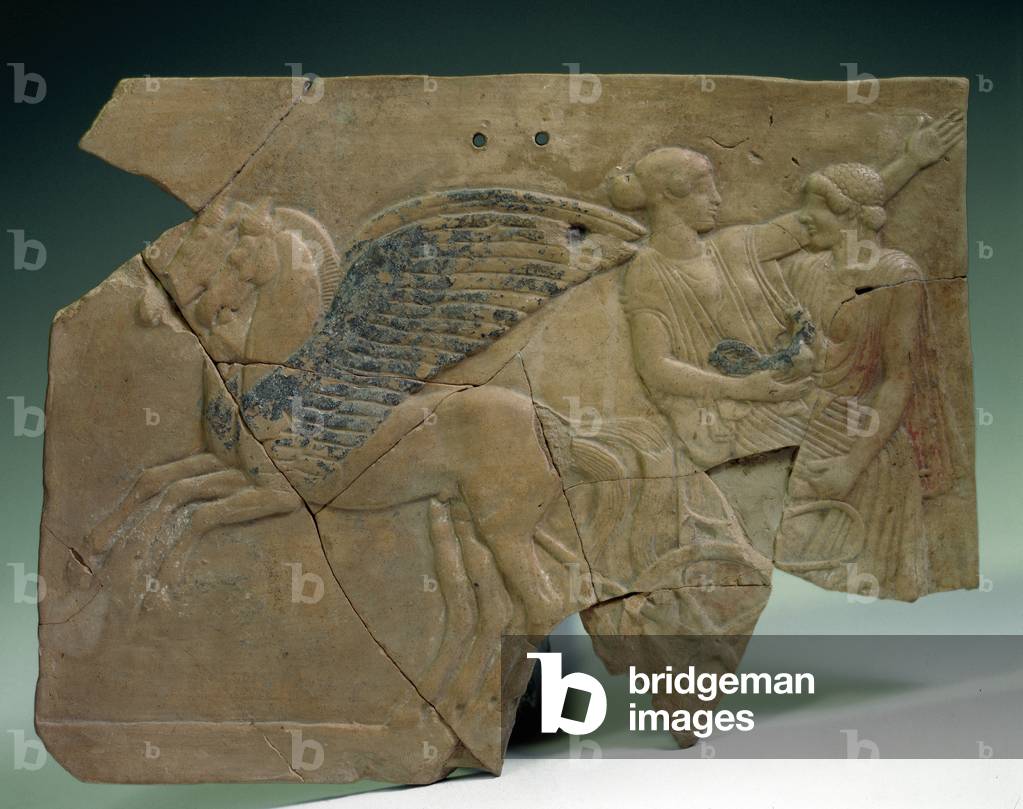 Pinax decor with a low relief of the kidnapping of Kore (Persephone) by a Dioscure (or by a messenger of the god of Hades), first half 5th century BC (terracotta)