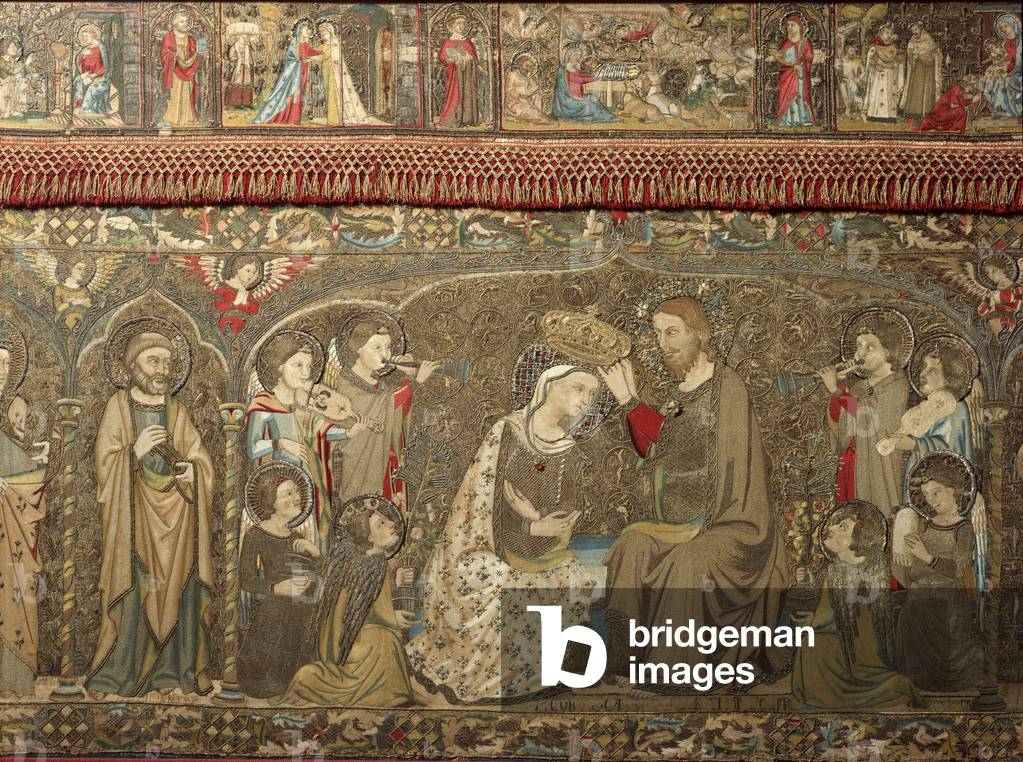 Tapestry detail decorating an altar representing the coronation of the Virgin - From the Church of Santa Maria Novella, 14th century - “” The crowning of the virgin”” Detail of an altarpiece tapestry, 14th century - Florence, Museo Nazionale del Bargello