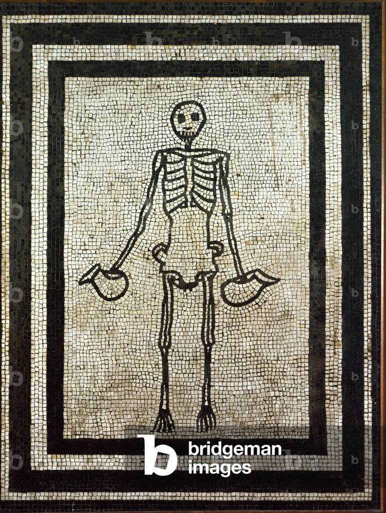 Skeleton holding two pitchers. 1st century (mosaic)