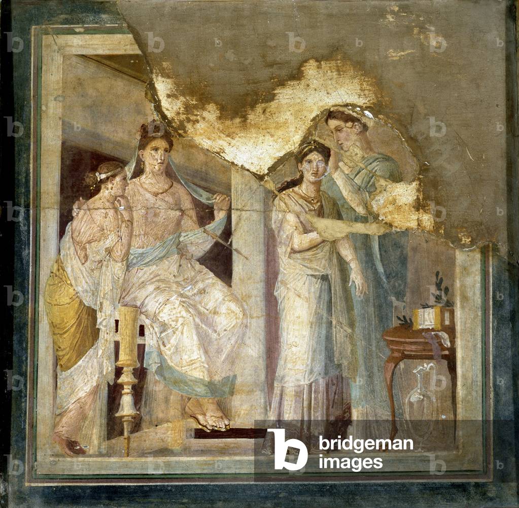 Scena toilette e abbigliamento di una signora: Schiavi styling una ragazza. Da Ercolano (Affresco, I secolo)