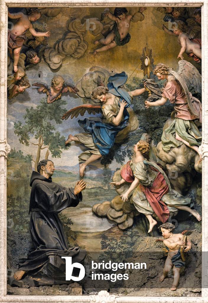 San Pasquale Baylon in adoration (fresco on carved wood)