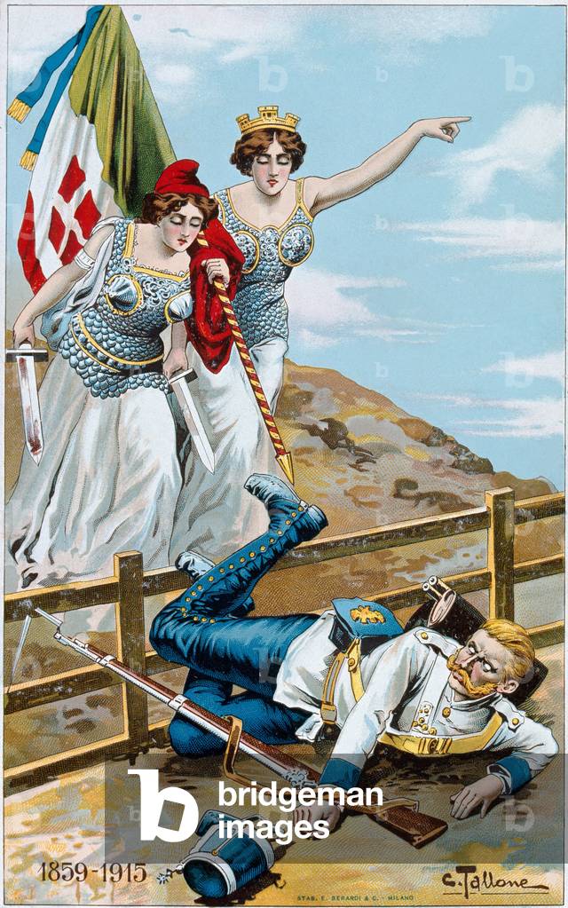 First World War: poster depicting an allegory of Italy and France chasing Germany beyond the border. Illustration by Cesare Tallone (1853-1919) Private collection