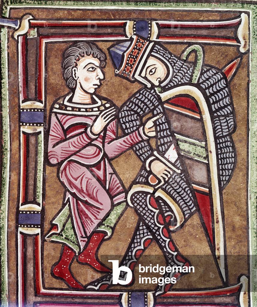 Initial letter E with David and Uriah, spouse of Bathsheba (miniature, 12th century)