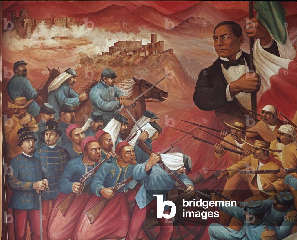 Portrait de Benito Pablo Juarez Garcia (1806-1872) symbole de la Republique contre l'intervention francaise, 1972 (fresque)