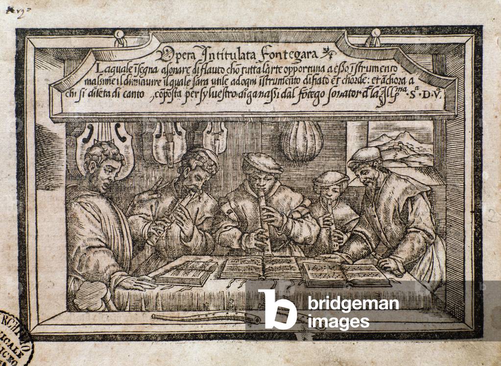 Frontispiz mit Fontegara in “Opera intitulata Fontegara” von venezianischem Musiker Silvestro Ganassi dal Font